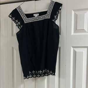 LOFT Black Blouse with White Embroidery